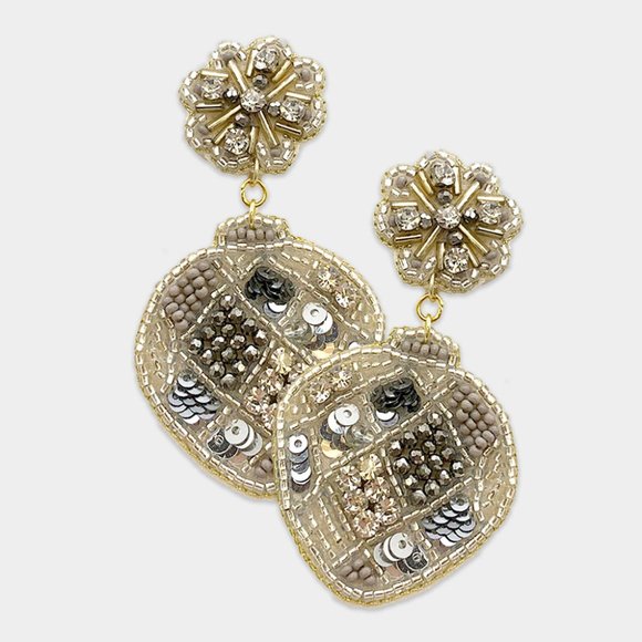 Seed Beaded Earrings Christmas Ornament Santa Holiday Felt Back Jewelry 3"L SILV - Picture 1 of 1